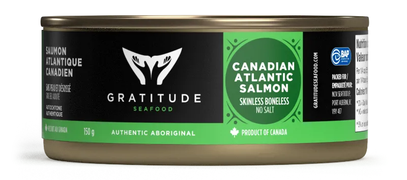 Product shot of Gratitude seafood canned Canadian salmon with no salt added